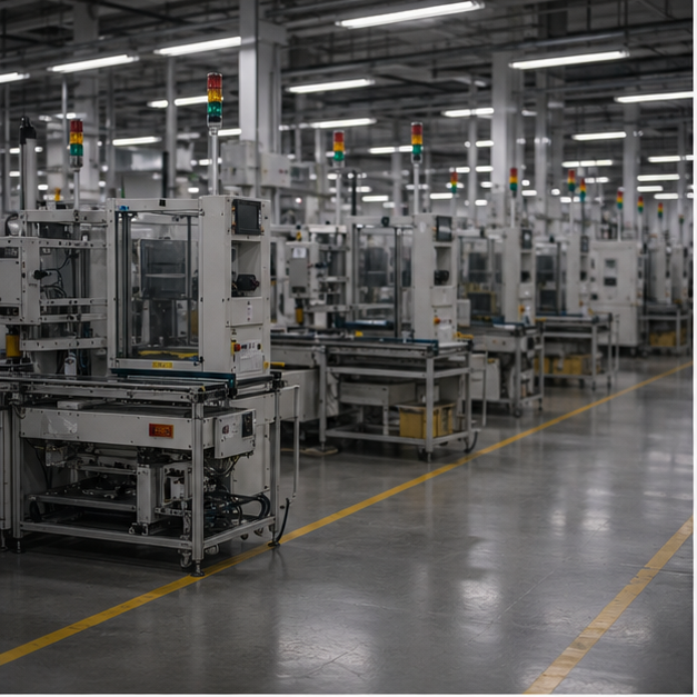 Factory floor with halted looking precision lines and no branding