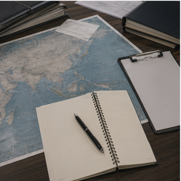 Procurement risk desk with blank dependency notes and supply map