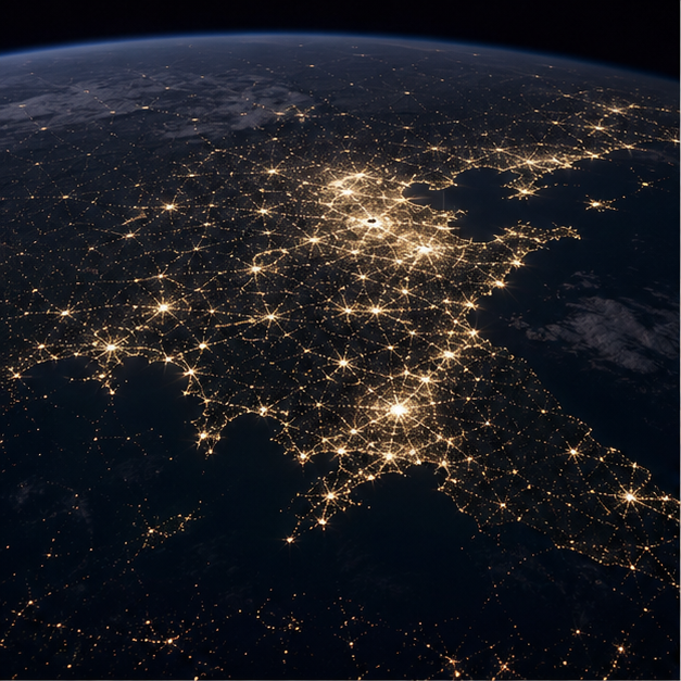 Nighttime city lights seen from high altitude.