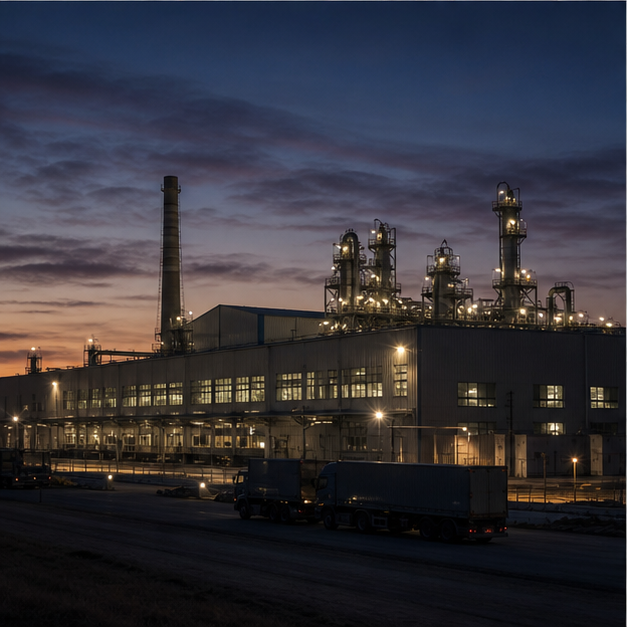 Factory exterior lit at dusk for activity analysis.