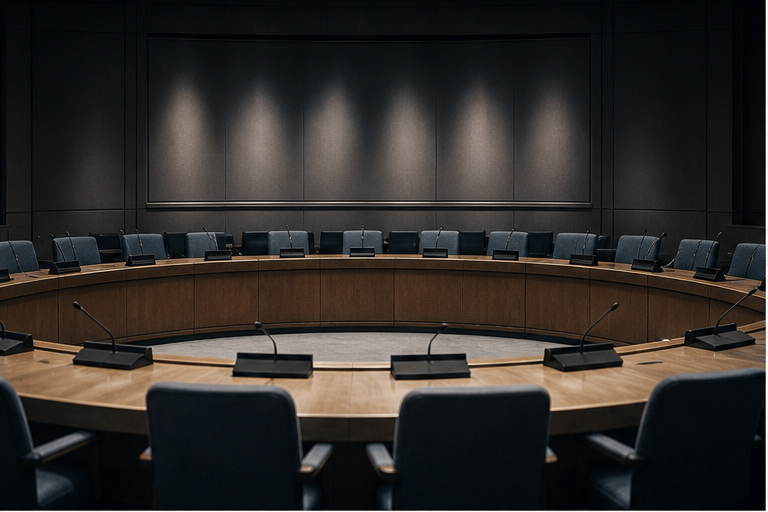 Formal conference room with empty seats and microphones