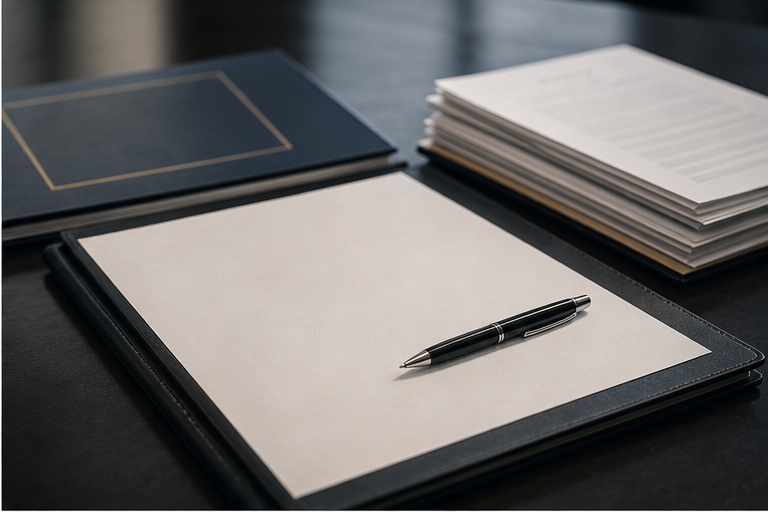 Policy desk with blank documents and a blurred treaty style folder