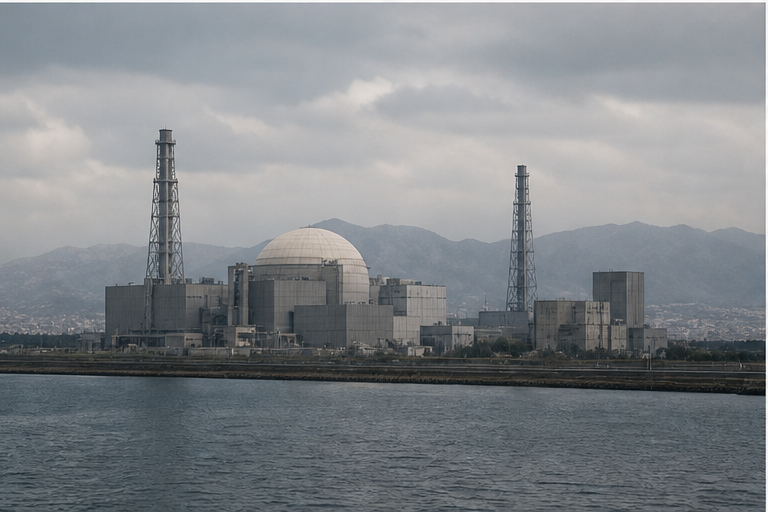 Distant nuclear facility or industrial energy site under neutral sky