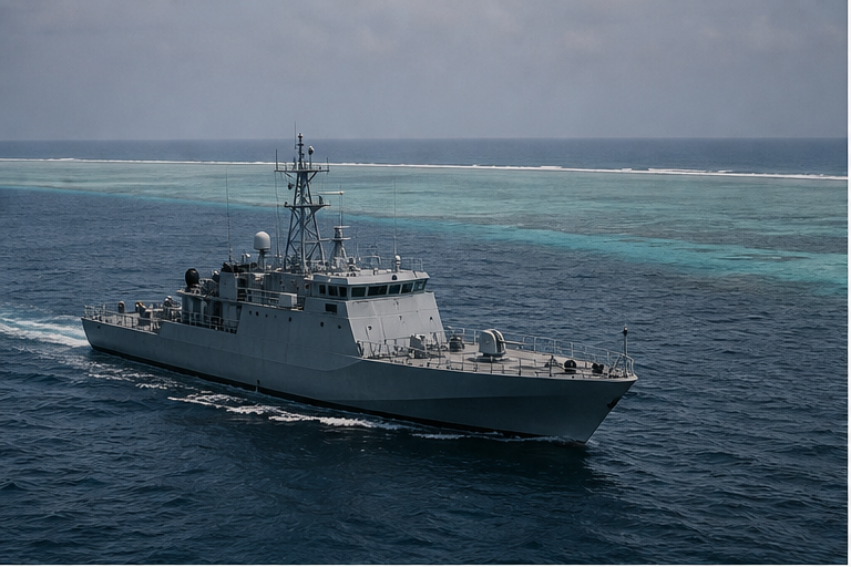 Neutral patrol vessel near a reef and open sea under hazy light
