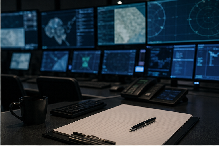Maritime operations room with blank notes and blurred tracking screens