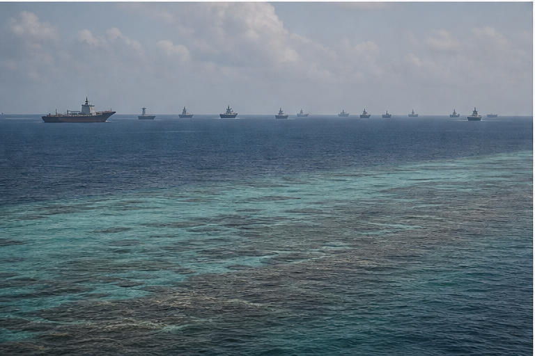 Wide sea horizon with distant ships and reef like shallows