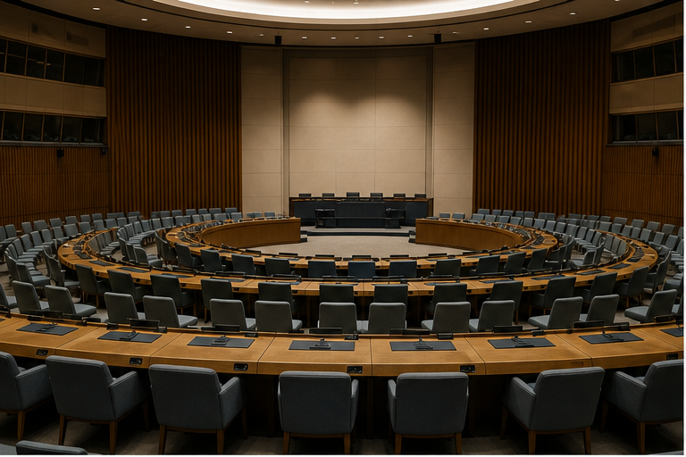 UN style conference hall with empty seats and neutral lighting