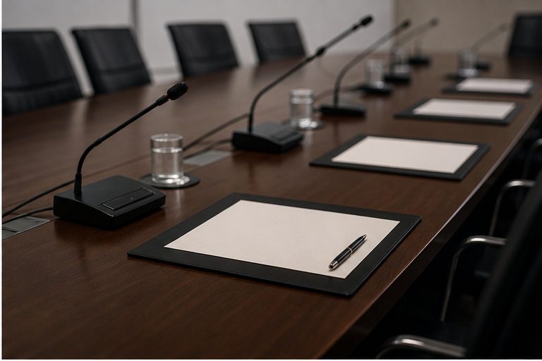Diplomatic meeting table with blank briefing papers and microphones