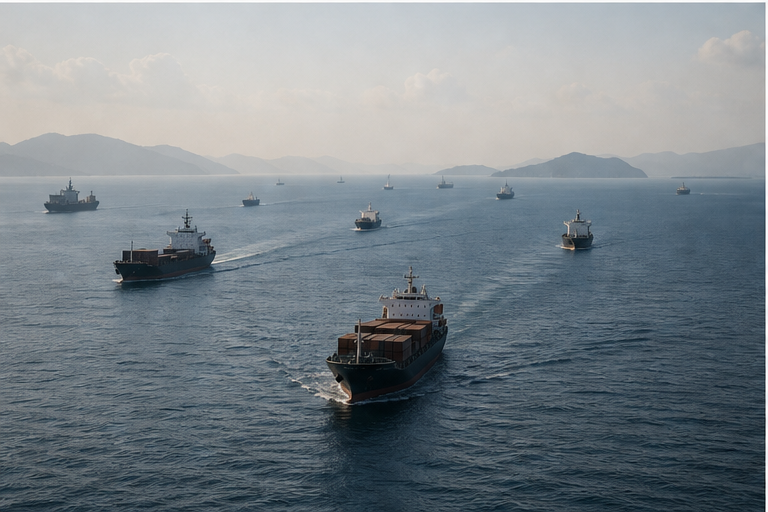 Wide South China Sea style shipping lane with vessels under hazy sky