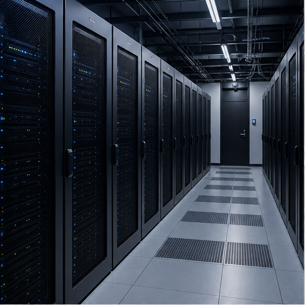 Secure bank data center with server racks.