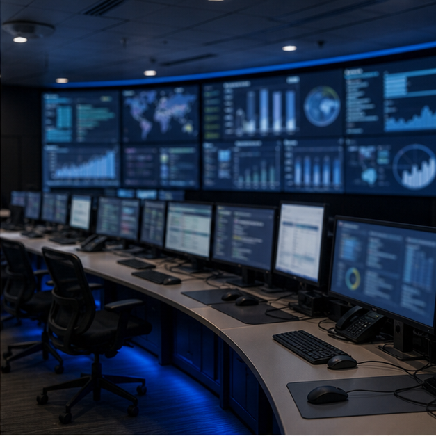 Financial cyber risk operations room with blurred screens.