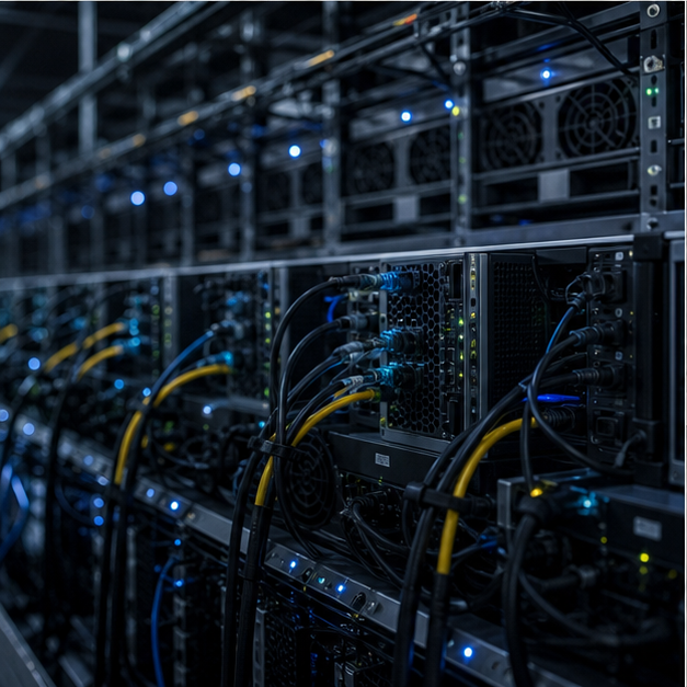 Unbranded AI compute cluster with network cables.