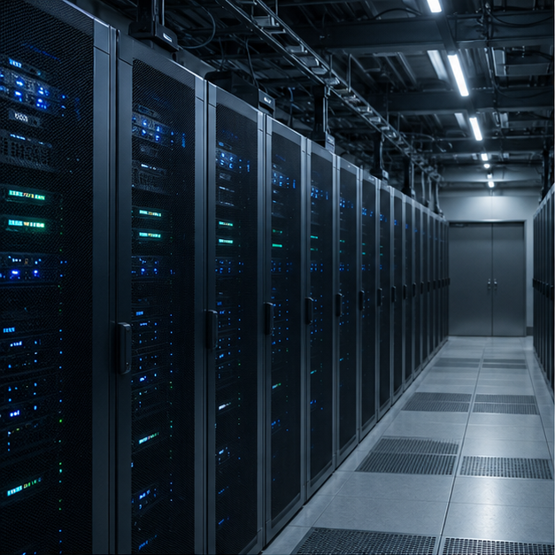 Secure bank data center with server racks.