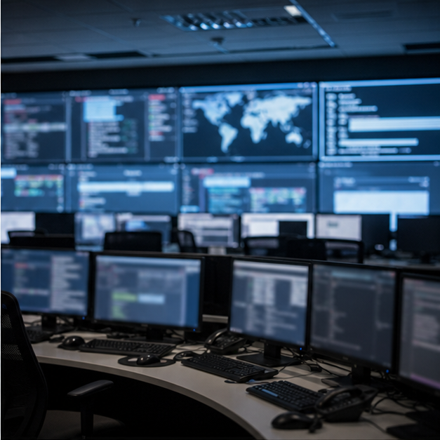 Security operations room with unreadable monitoring screens.