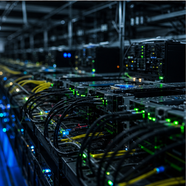Unbranded AI compute cluster with cables and lights.