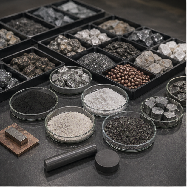 Trays of graphite lithium nickel and other mineral samples