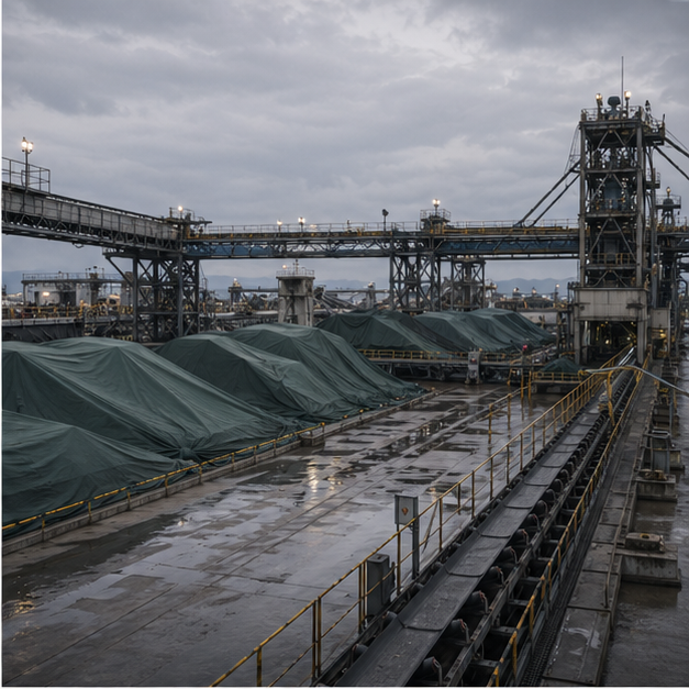 Industrial processing site with covered bulk materials