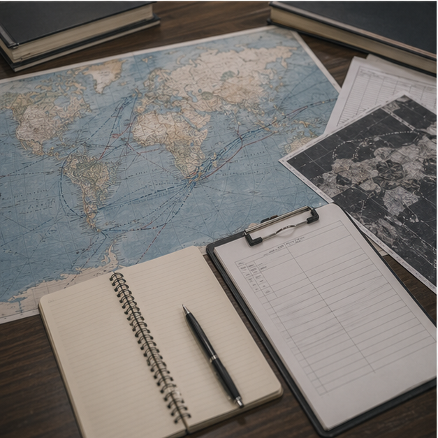 Supply chain desk with blank route maps and dependency notes