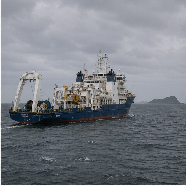 Repair ship or support vessel at sea under gray sky