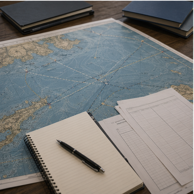 Desk with seabed route chart and blank engineering notes