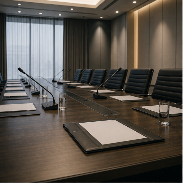 Neutral international meeting room with microphones and plain folders