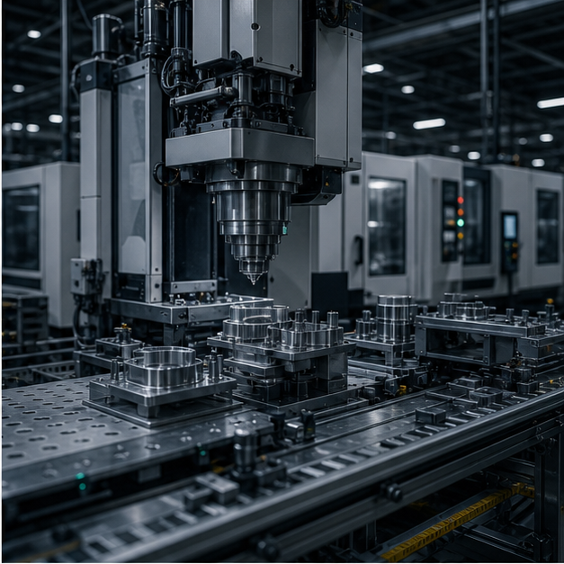 Advanced manufacturing hall with precision equipment and metallic detail