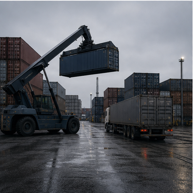 Secure logistics yard with containers and freight movement