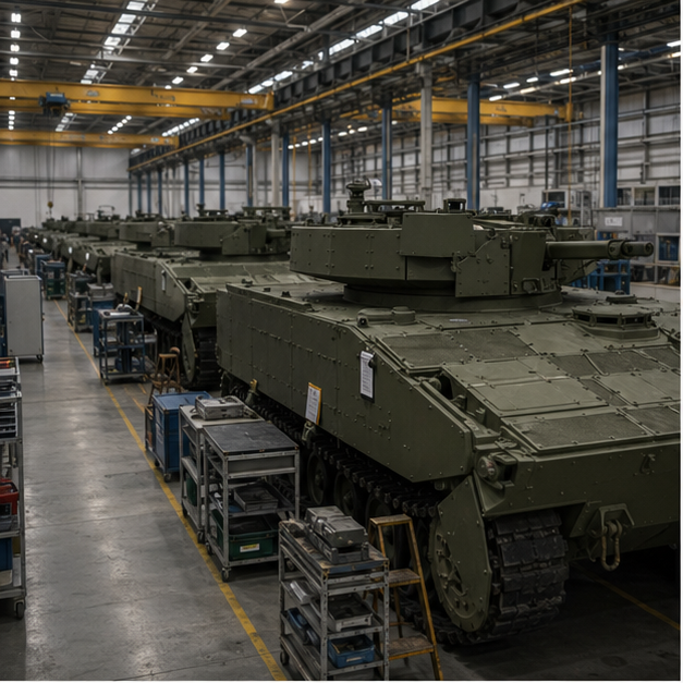 Large defense industrial factory or armored vehicle hall