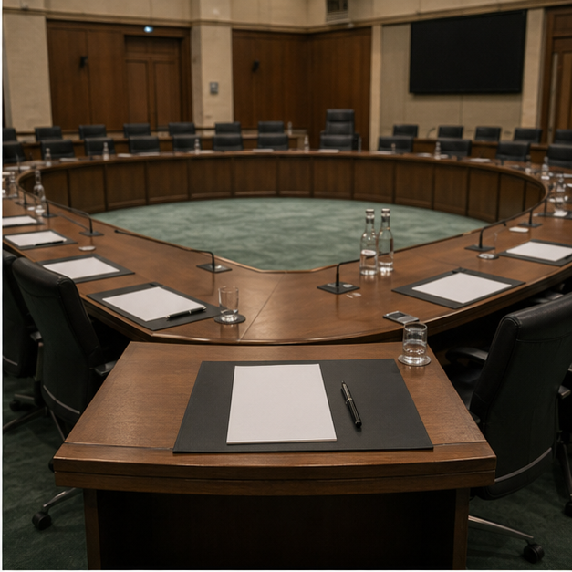 Parliamentary or budget committee room empty with blank folders