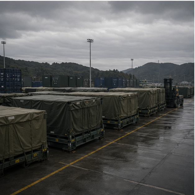 Logistics yard with covered military adjacent containers