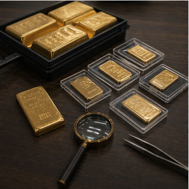Gold bars or bullion trays on a desk with no branding