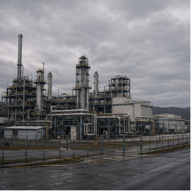 Rare earth refining plant exterior in cloudy light