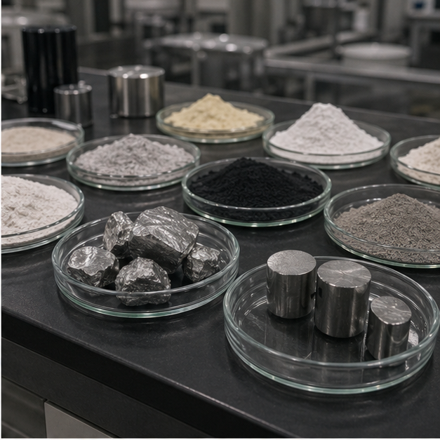 Trays of mineral oxides and refined metal samples