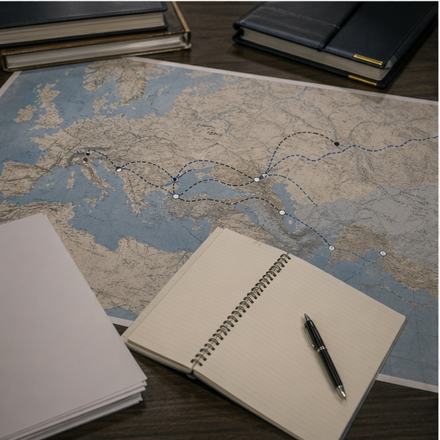 Supply chain planning desk with blank papers and Europe Asia route map