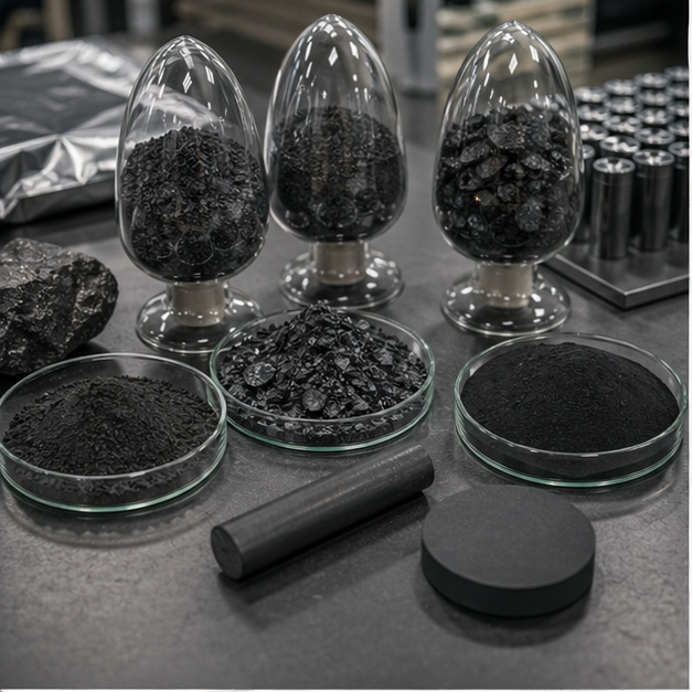 Graphite powder and anode material samples on a clean lab table