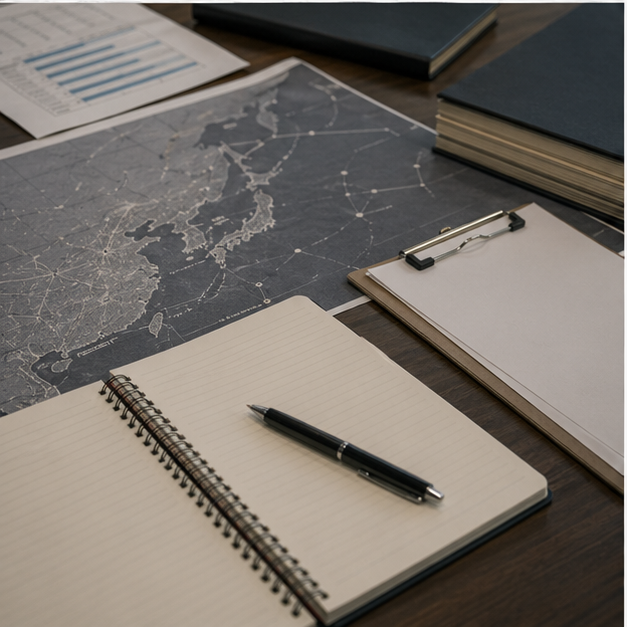 Procurement desk with blank materials papers and supply map