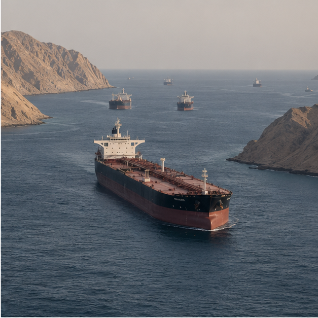 Crude tanker and narrow sea lane from a distance