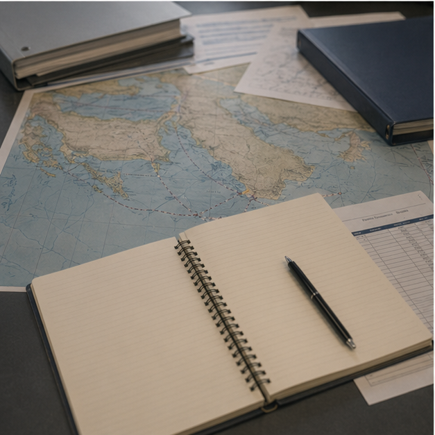 Energy import planning desk with blank commodity notes and route map