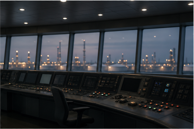 Hormuz tanker flow insurance and refinery operations scene panel 2