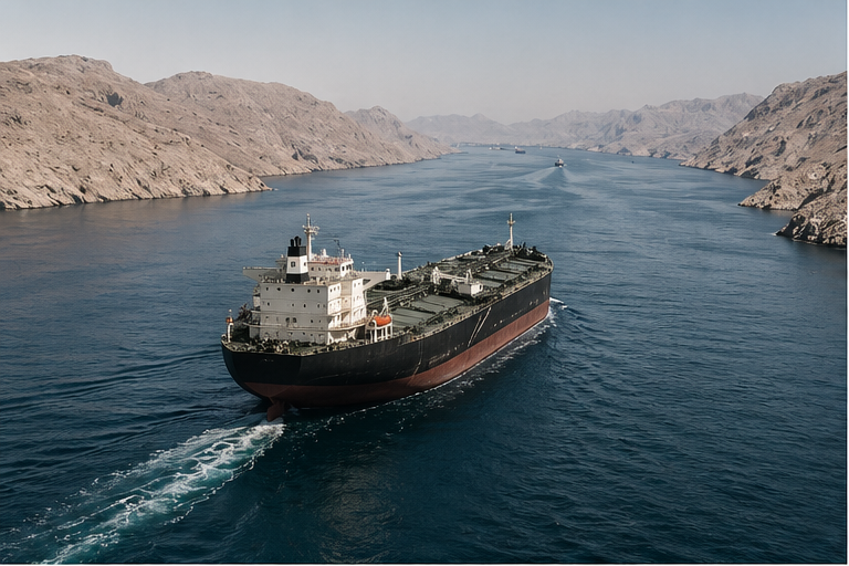 Large tanker transiting a narrow strategic sea lane between dry coasts