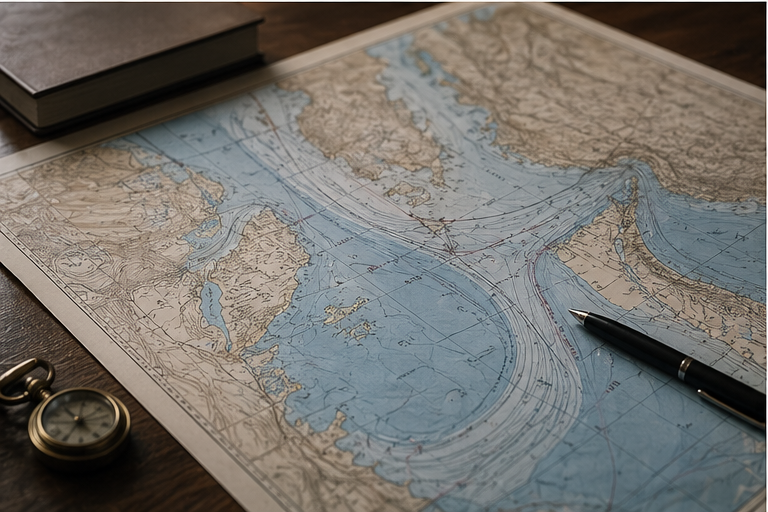Shipping route map on a desk with unreadable labels