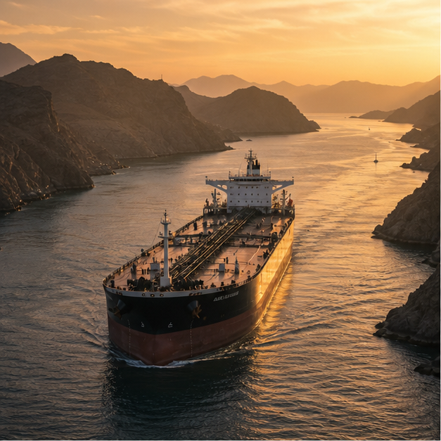 Crude oil tanker passing through a narrow strait.