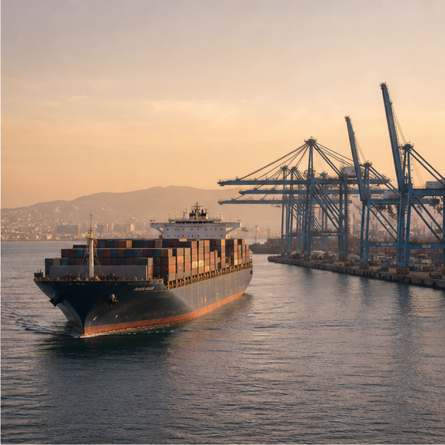 Container ship and port cranes on a Red Sea route.