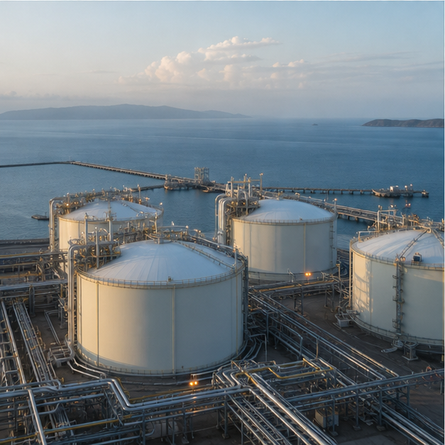 Coastal LNG receiving terminal and storage tanks.