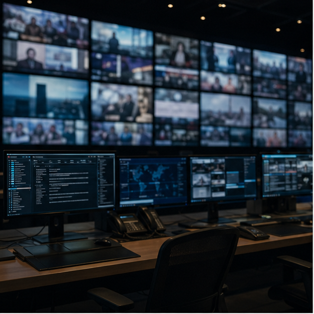 Empty monitoring room with many blurred screens