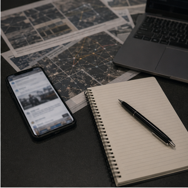 Smartphone and media analysis desk with blank notes