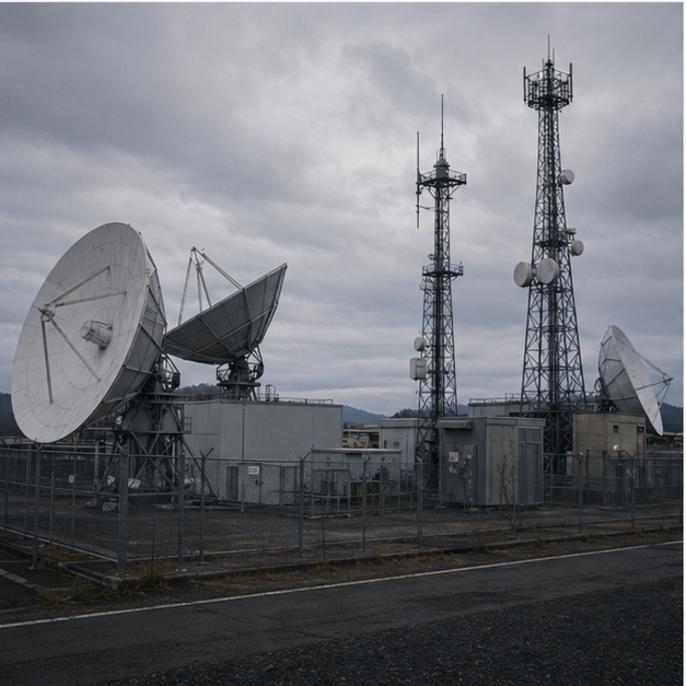 Broadcast or telecom infrastructure under gray sky