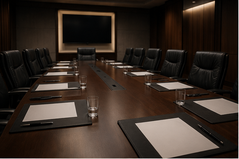 Empty policy meeting room with blank sanction briefing papers