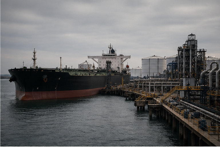 Tanker and oil export terminal scene under muted sky