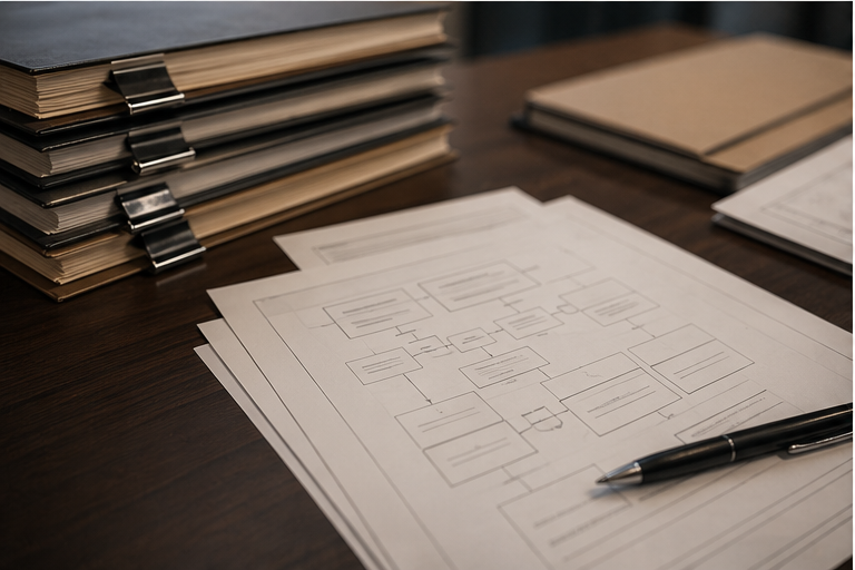 Desk with stacked folders and simple flowchart like papers